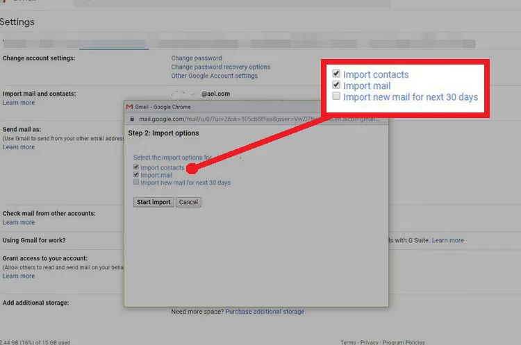 Select Import contacts and Import mail then Choose Start import
