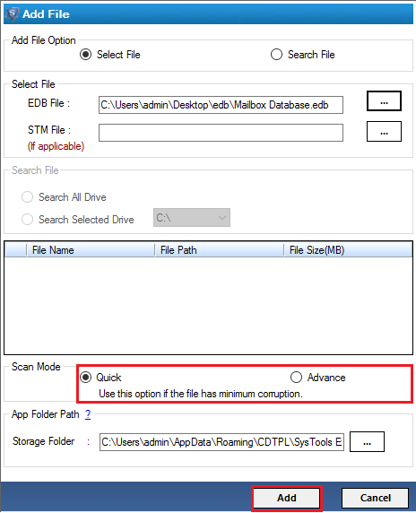 Quick & Advance Search Exchange EDB File Option